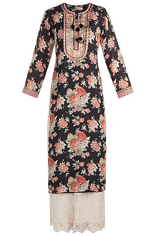 black printed & embroidered long tunic