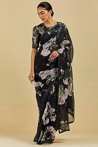 black printed & embroidered saree set