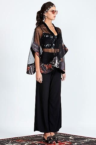 black printed & embroidered sheer cape