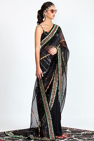 black printed & embroidered sheer pre-stitched saree