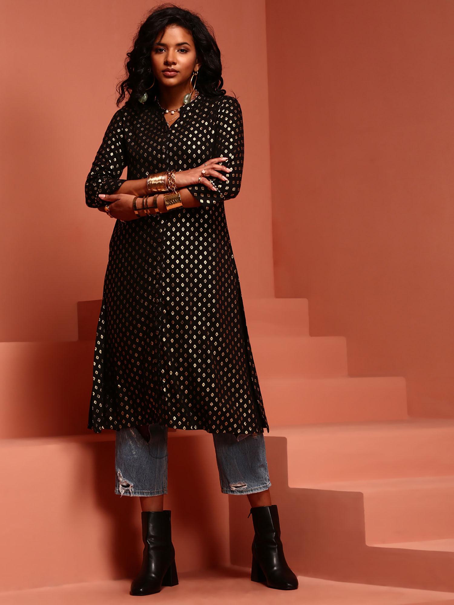 black printed asymmetric kurta