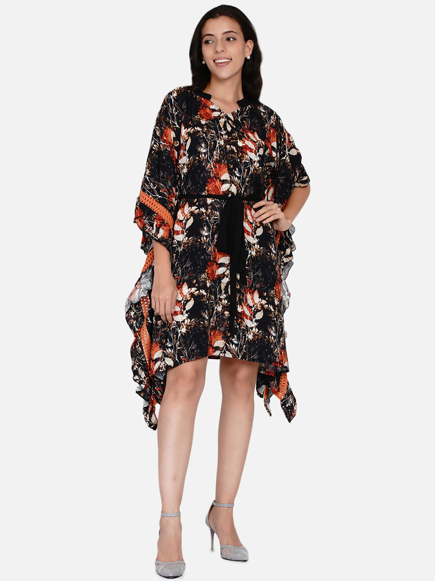 black printed brushed floral kaftan dress with belt (pack of 2)