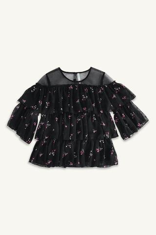black printed casual 3/4th sleeves round neck girls regular fit top