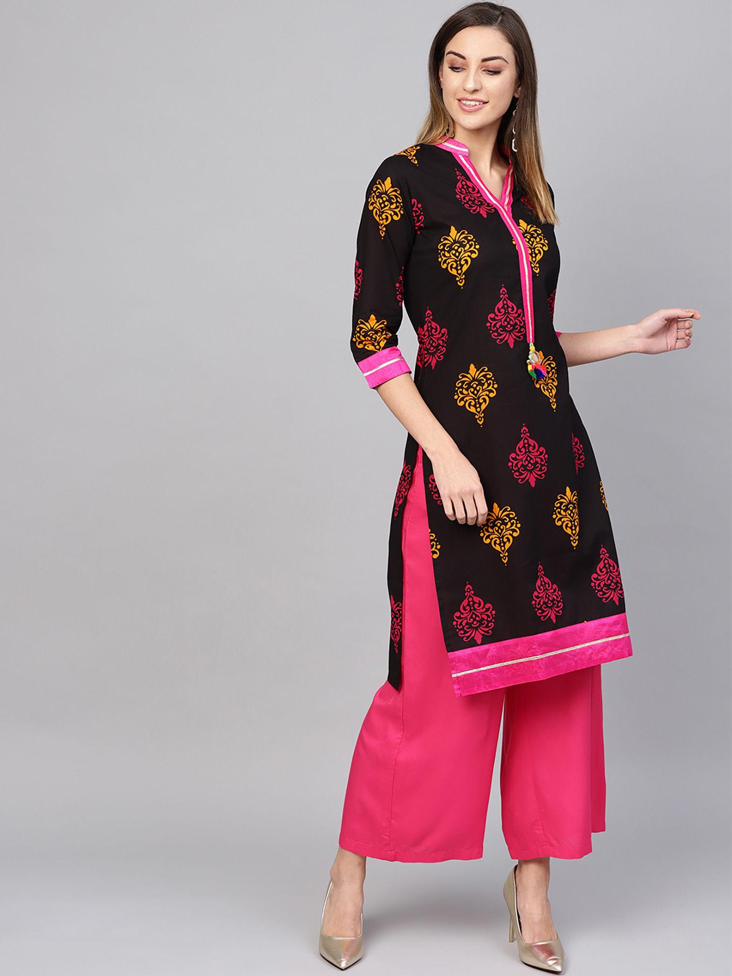 black printed cotton kurta