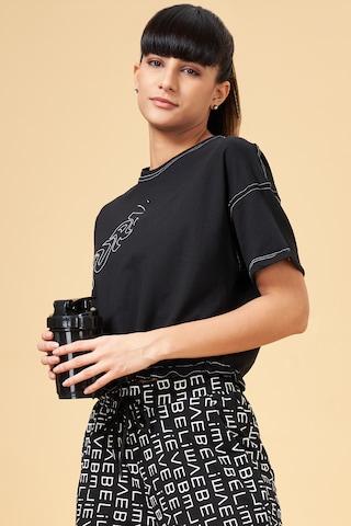 black printed cotton round neck women comfort fit tops