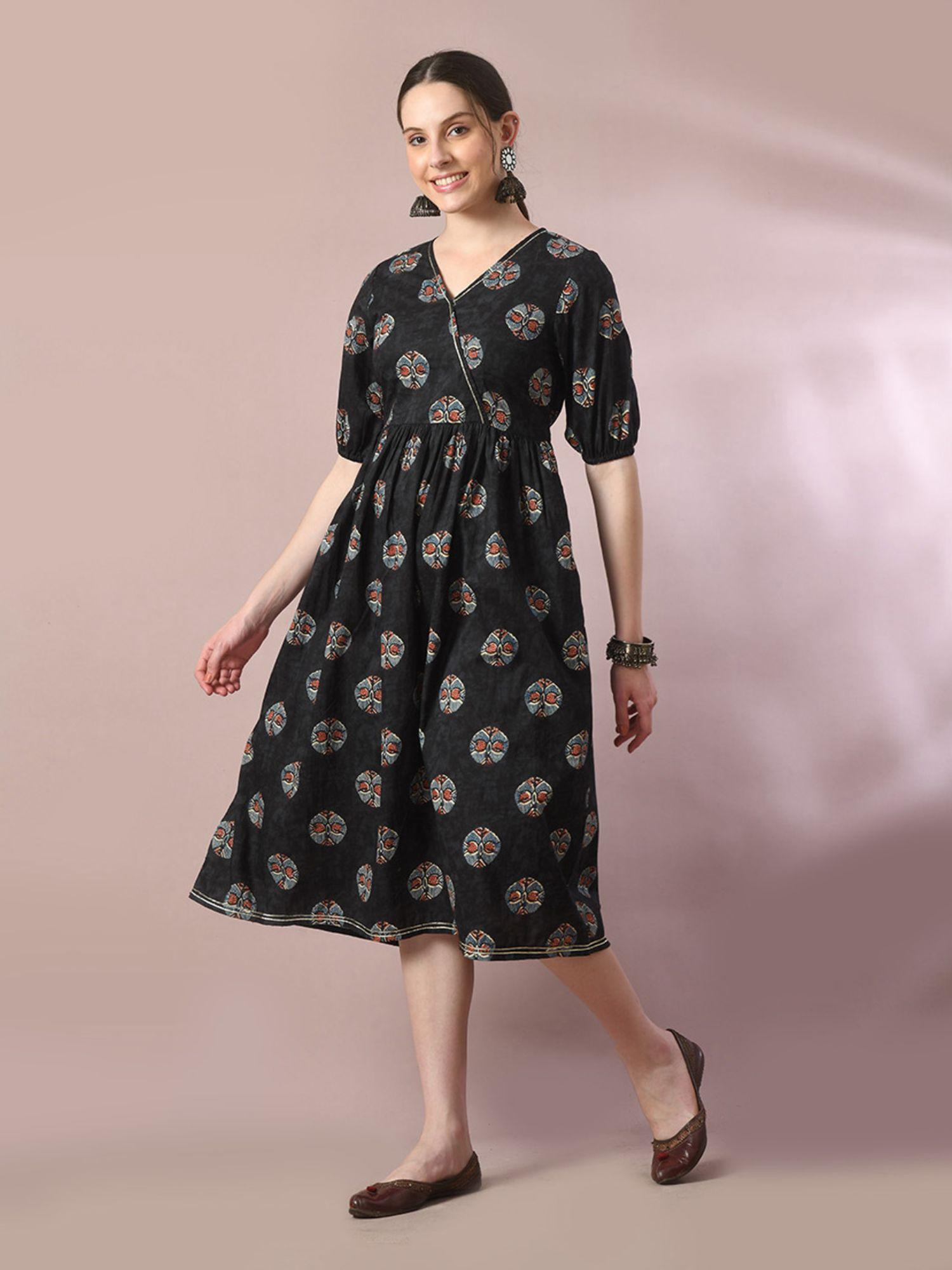 black printed cotton v-neck empire party dress