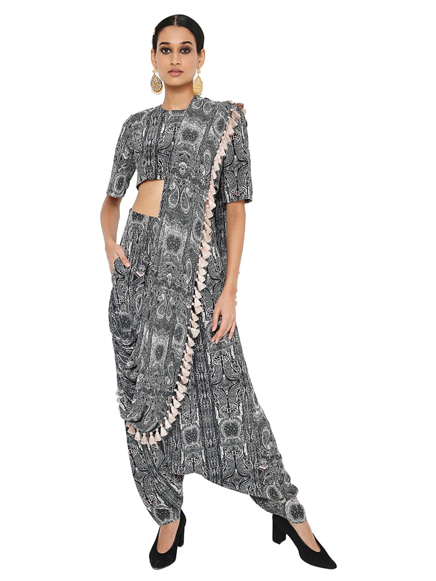 black printed crop top and dhoti with attached drape (set of 2)