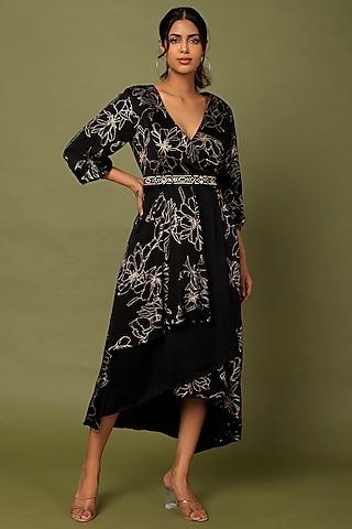 black printed dress with belt