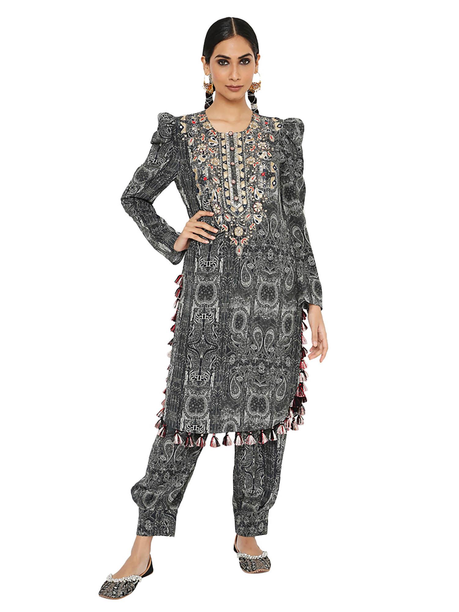 black printed embroidered kurta with salwar (set of 2)