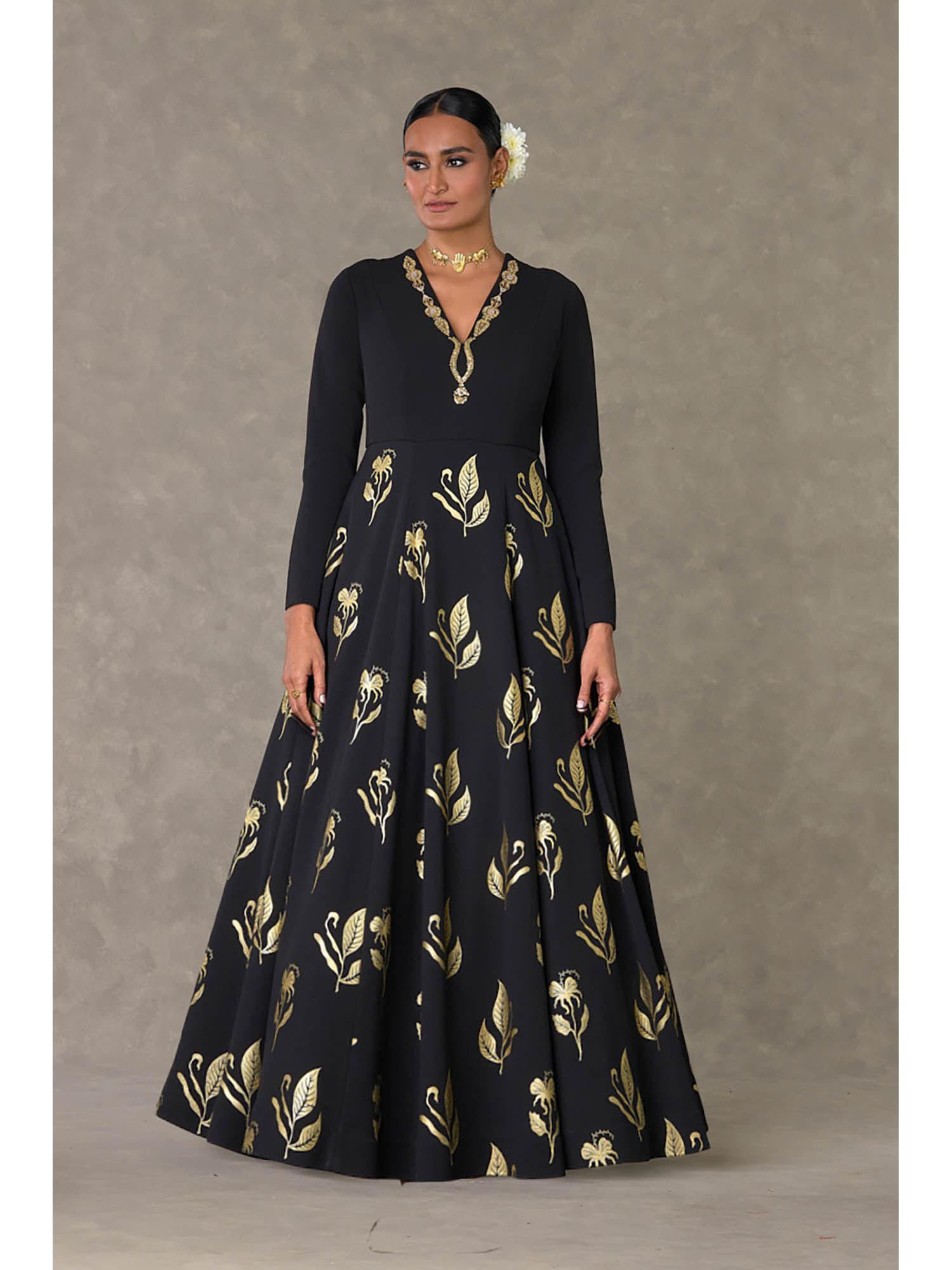 black printed embroidered maxi dress