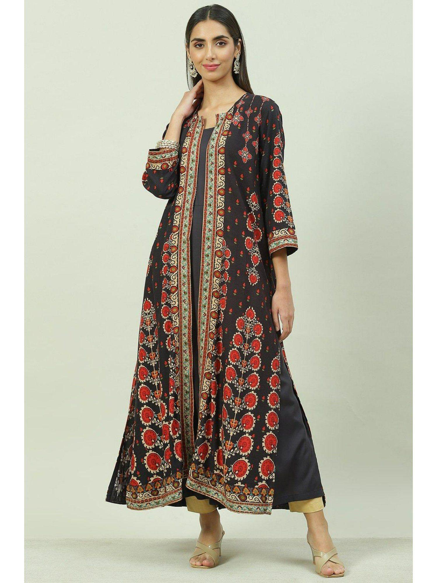 black printed ethnic jacket with inner (set of 2)