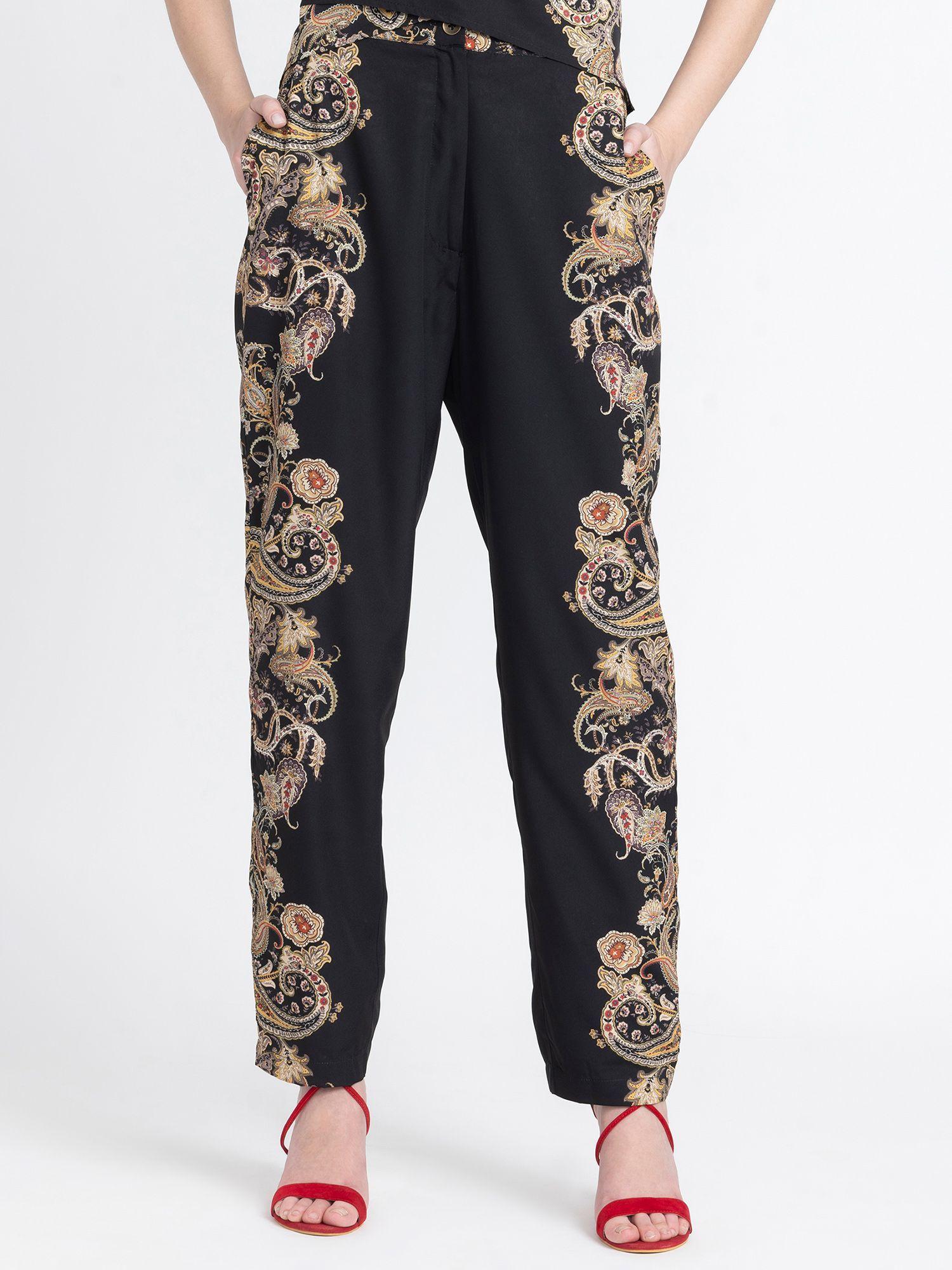 black printed flat front party pant for women