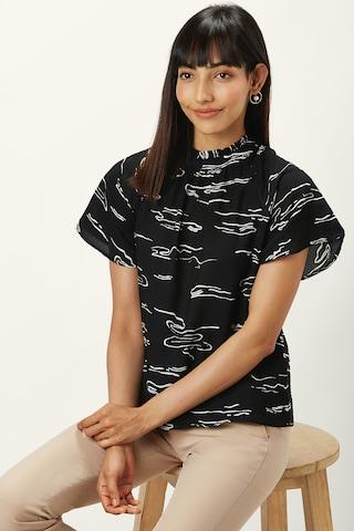 black printed formal half sleeves band collar women regular fit top