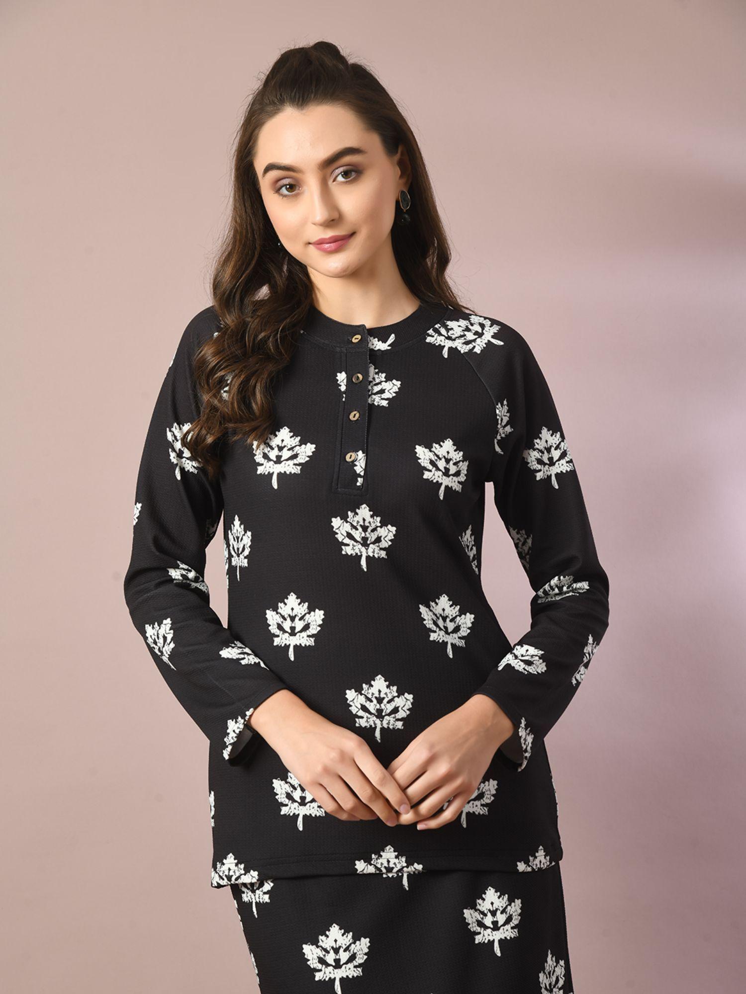 black printed full sleeve party top