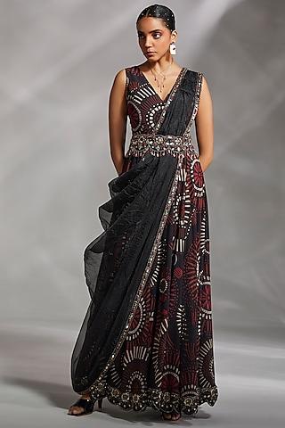 black printed gown saree set