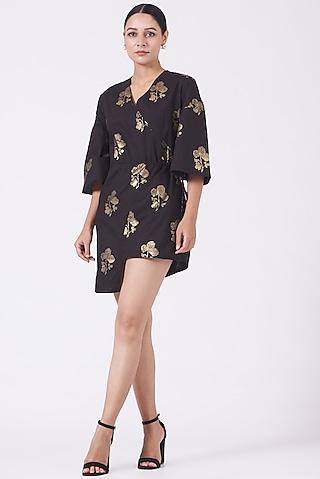 black printed kimono mini dress