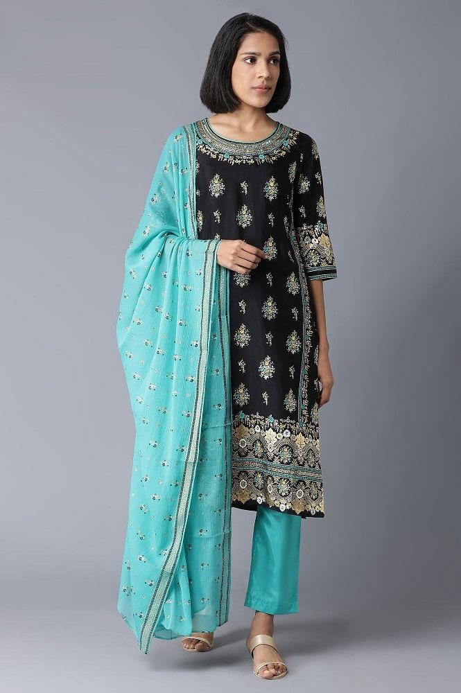 black printed kurta-trousers-dupatta set