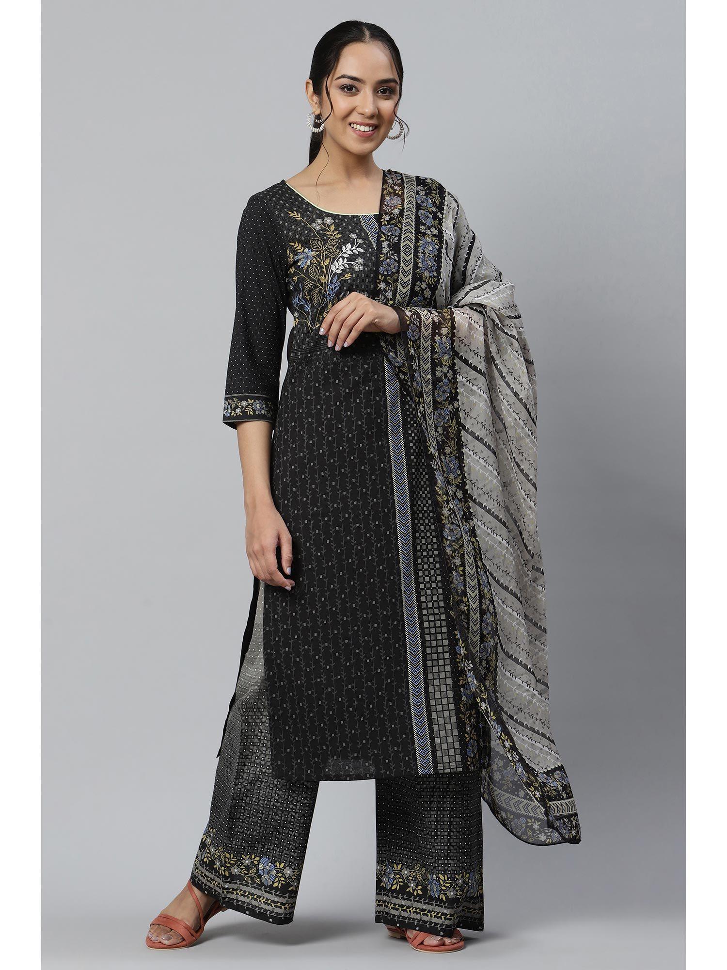 black printed kurta with straight palazzo and dupatta (set of 3)