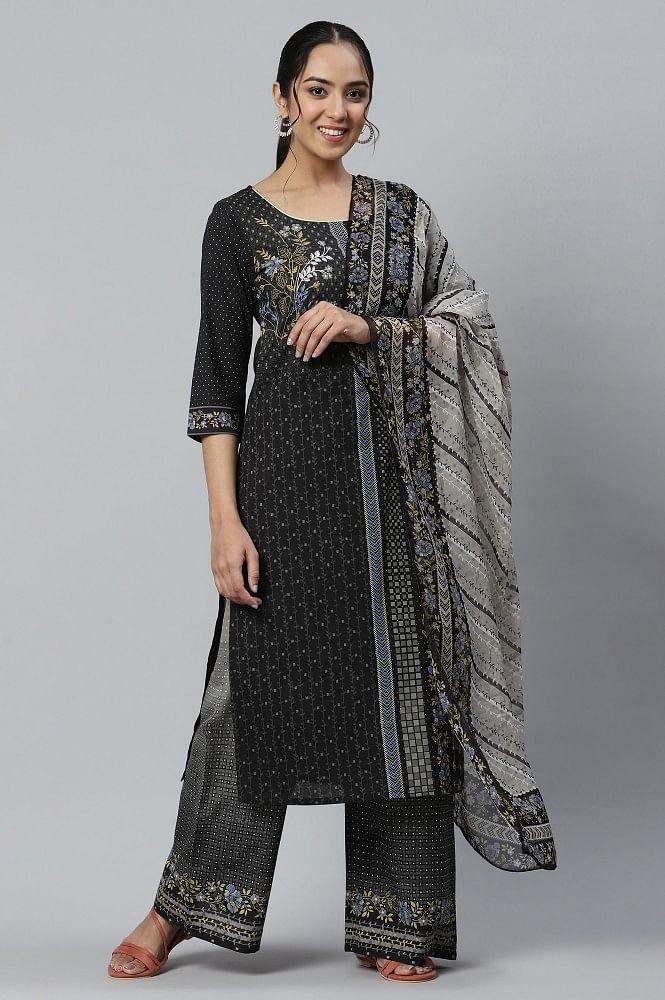 black printed kurta with straight palazzo and dupatta