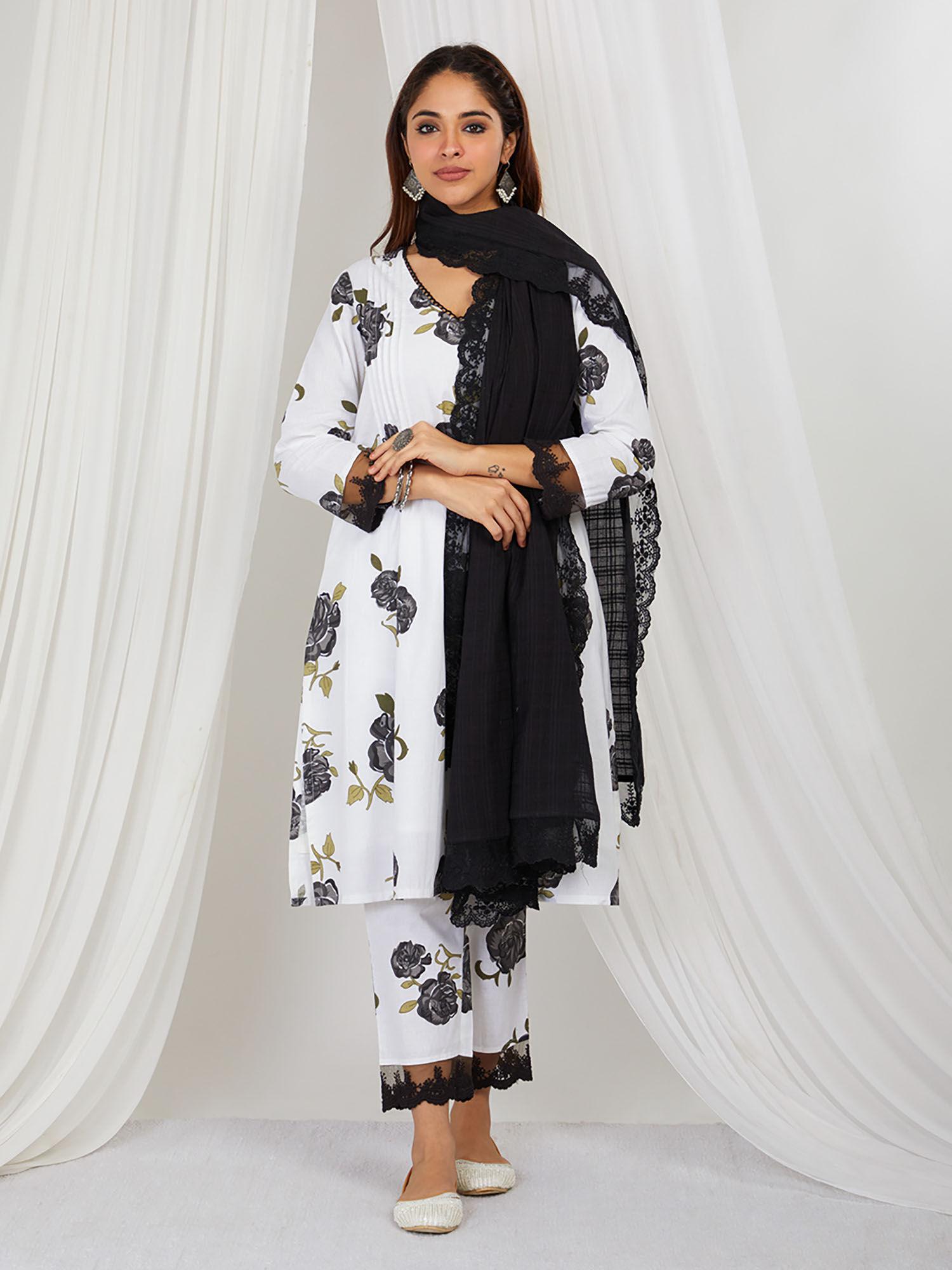 black printed lace detailing kurta and pant with dupatta (set of 3)