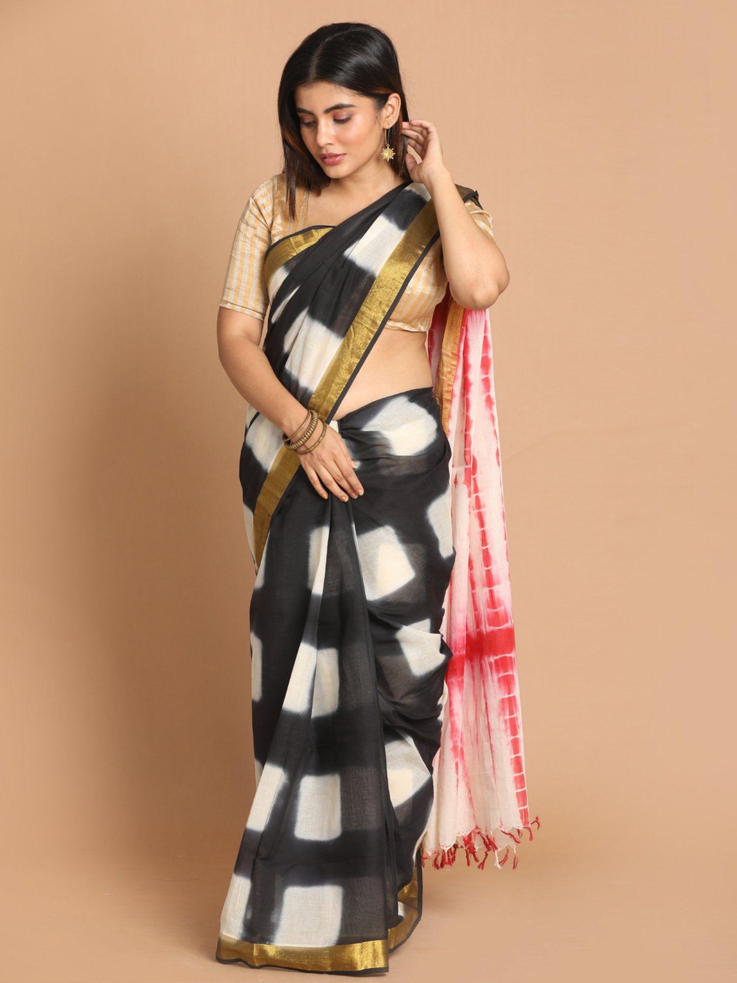 black printed pure cotton saree with unstitched blouse