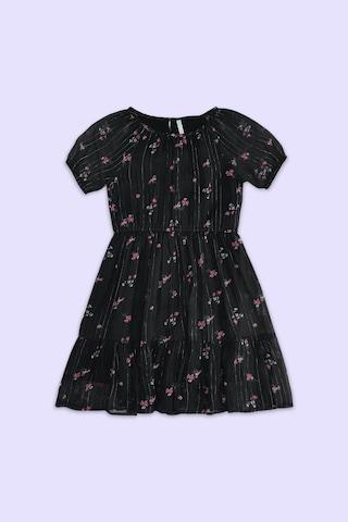 black printed round neck casual calf-length half sleeves girls regular fit dress