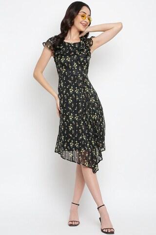 black printed round neck casual knee length short sleeves women classic fit dress