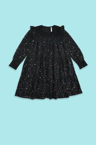 black printed round neck party knee length full sleeves girls regular fit dress