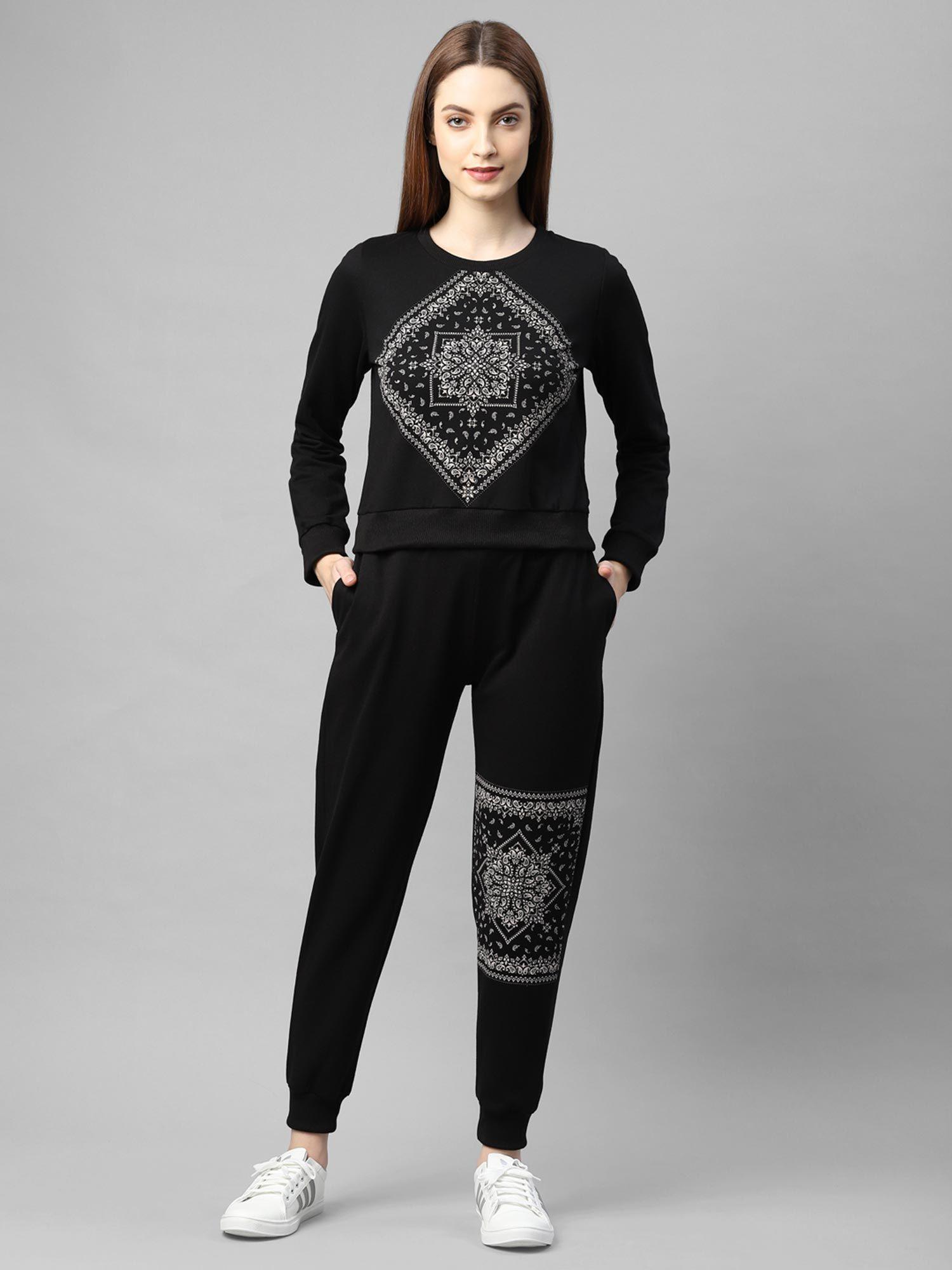 black printed round neck terry track suit