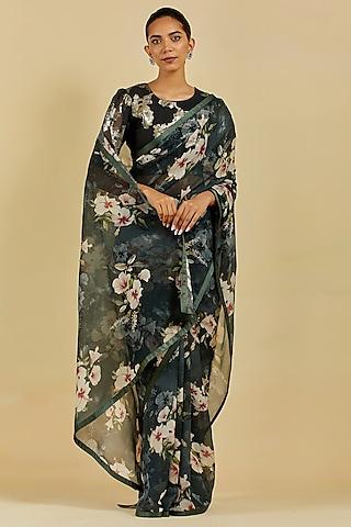 black printed saree set