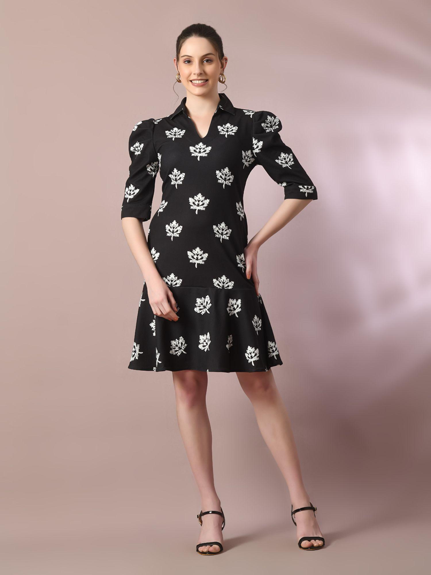 black printed shirt collar fit and flare party dress