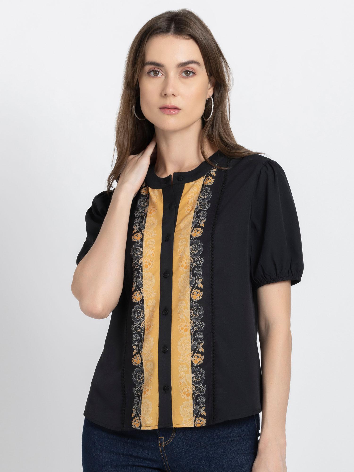 black printed short sleeves casual top for women