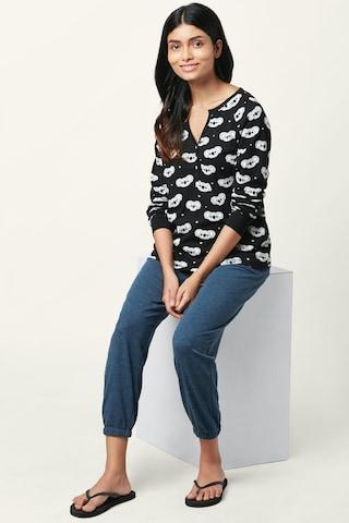 black printed sleepwear full sleeves round neck women comfort fit top