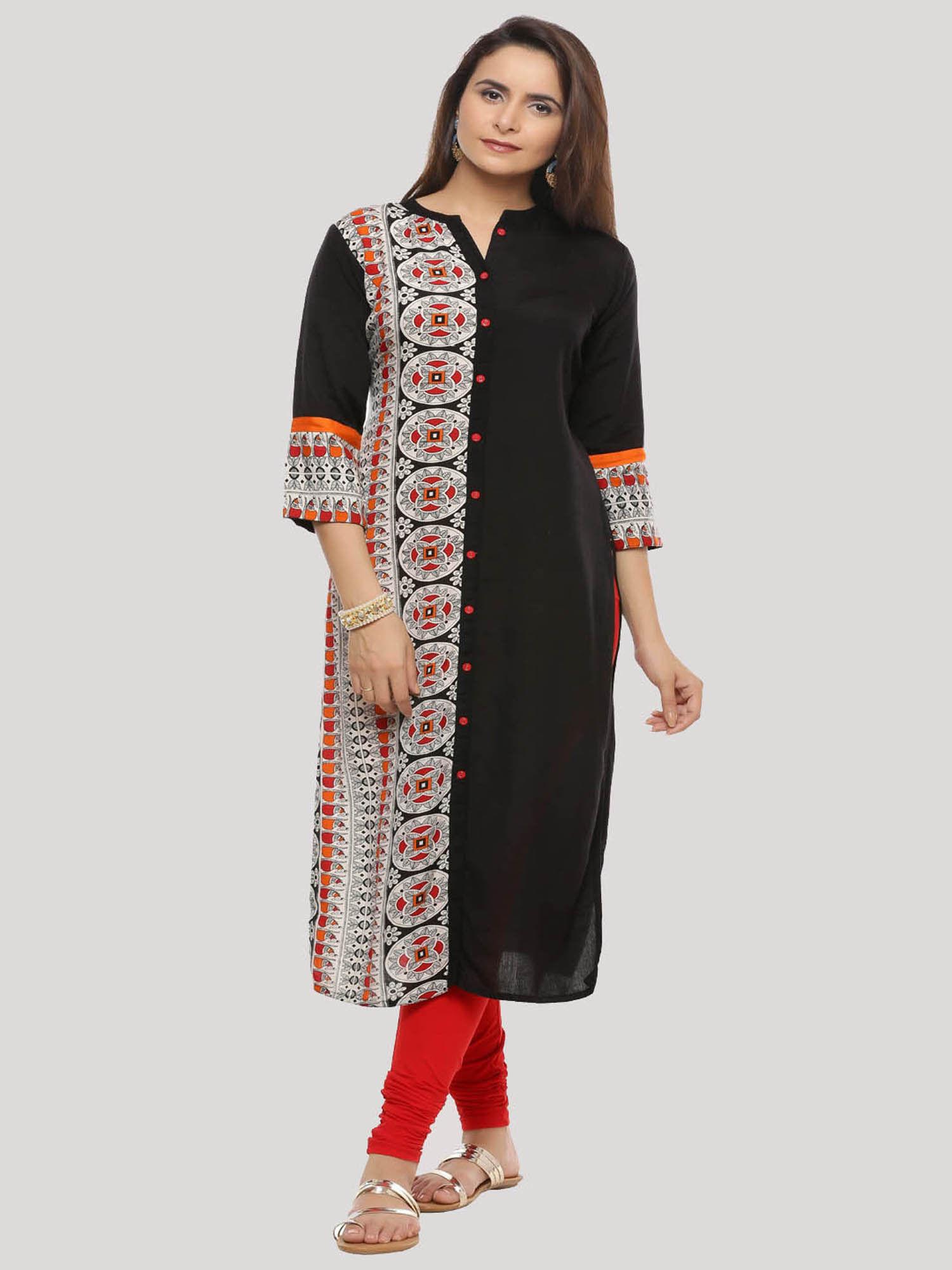 black printed straight rayon kurta