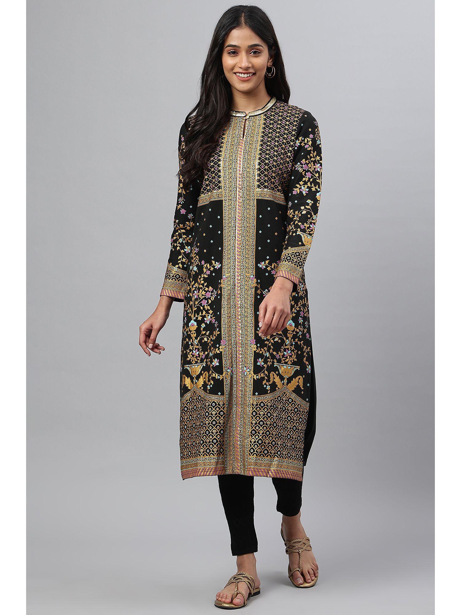 black printed winter festive kurta