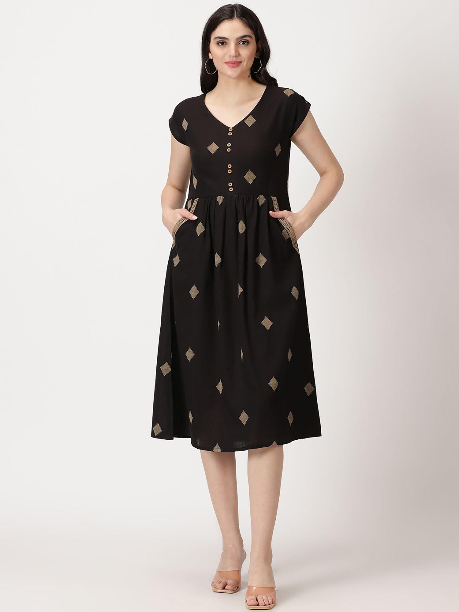 black printed woven design midi dress