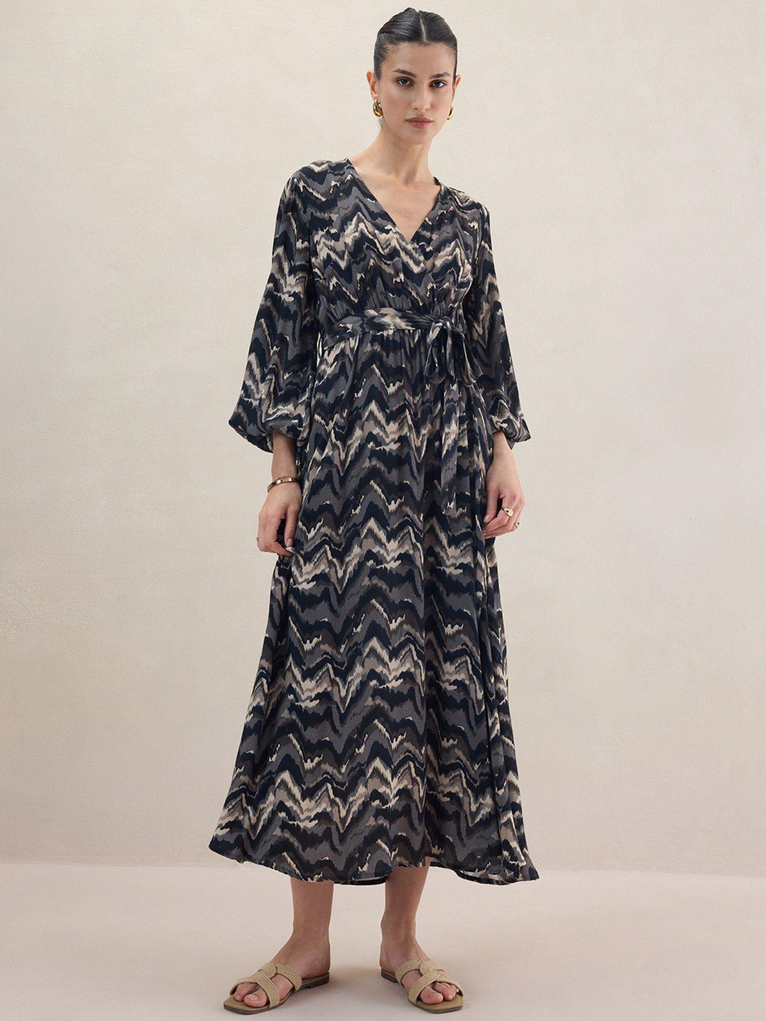 black printed wrap maxi dress with belt (set of 2)