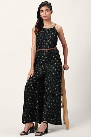 black printeded spaghetti casual full length sleeveless women flared fit jumpsuit