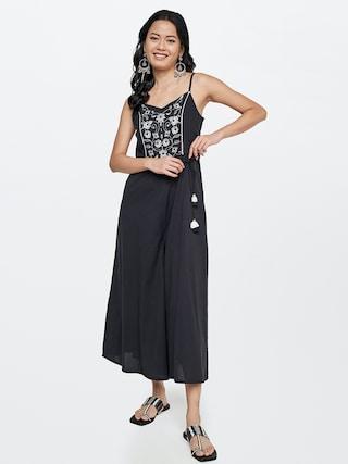 black printeded v neck casual ankle-length sleeveless women flared fit jumpsuit