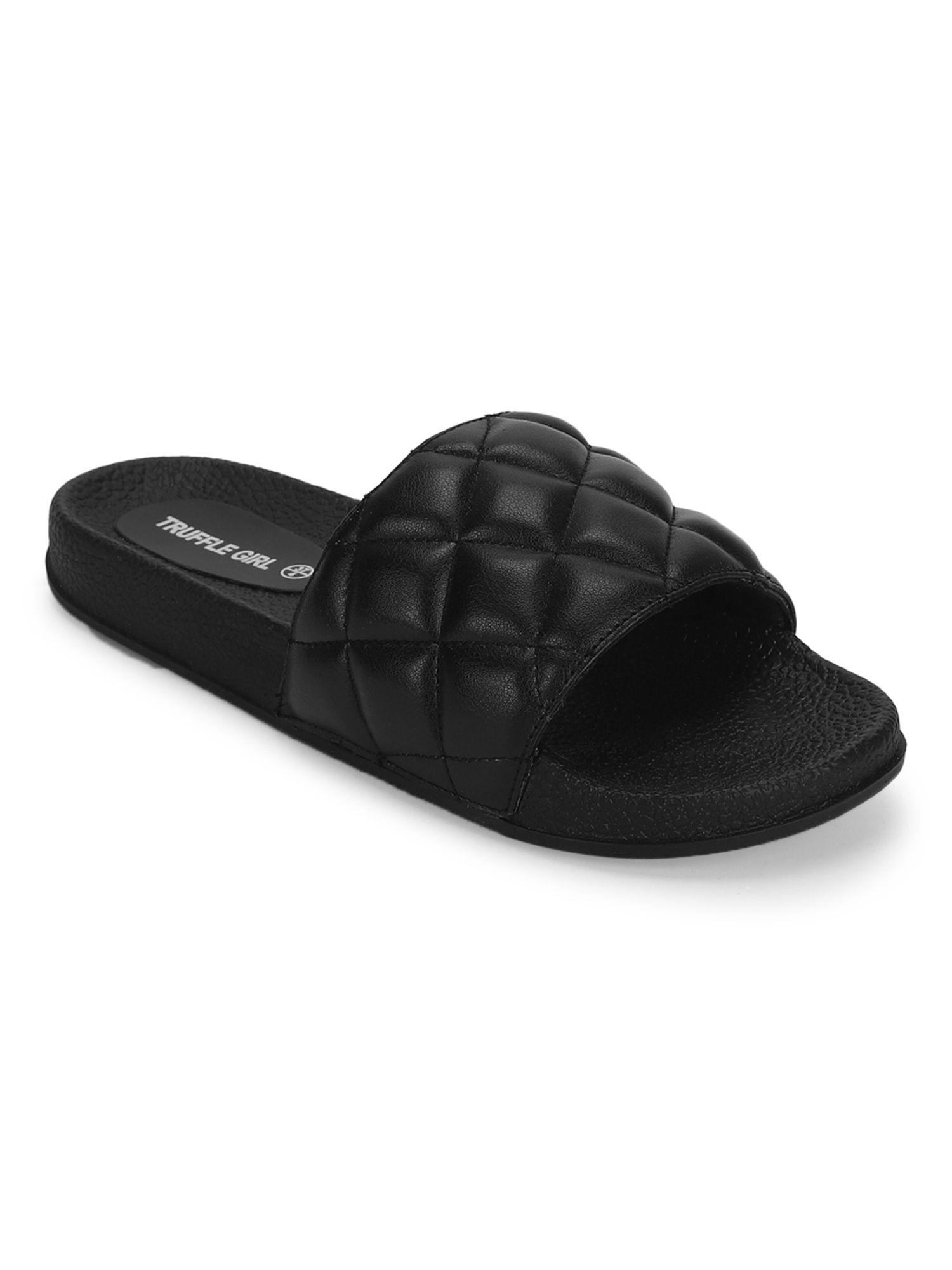 black pu criss cross quilted slip-ons