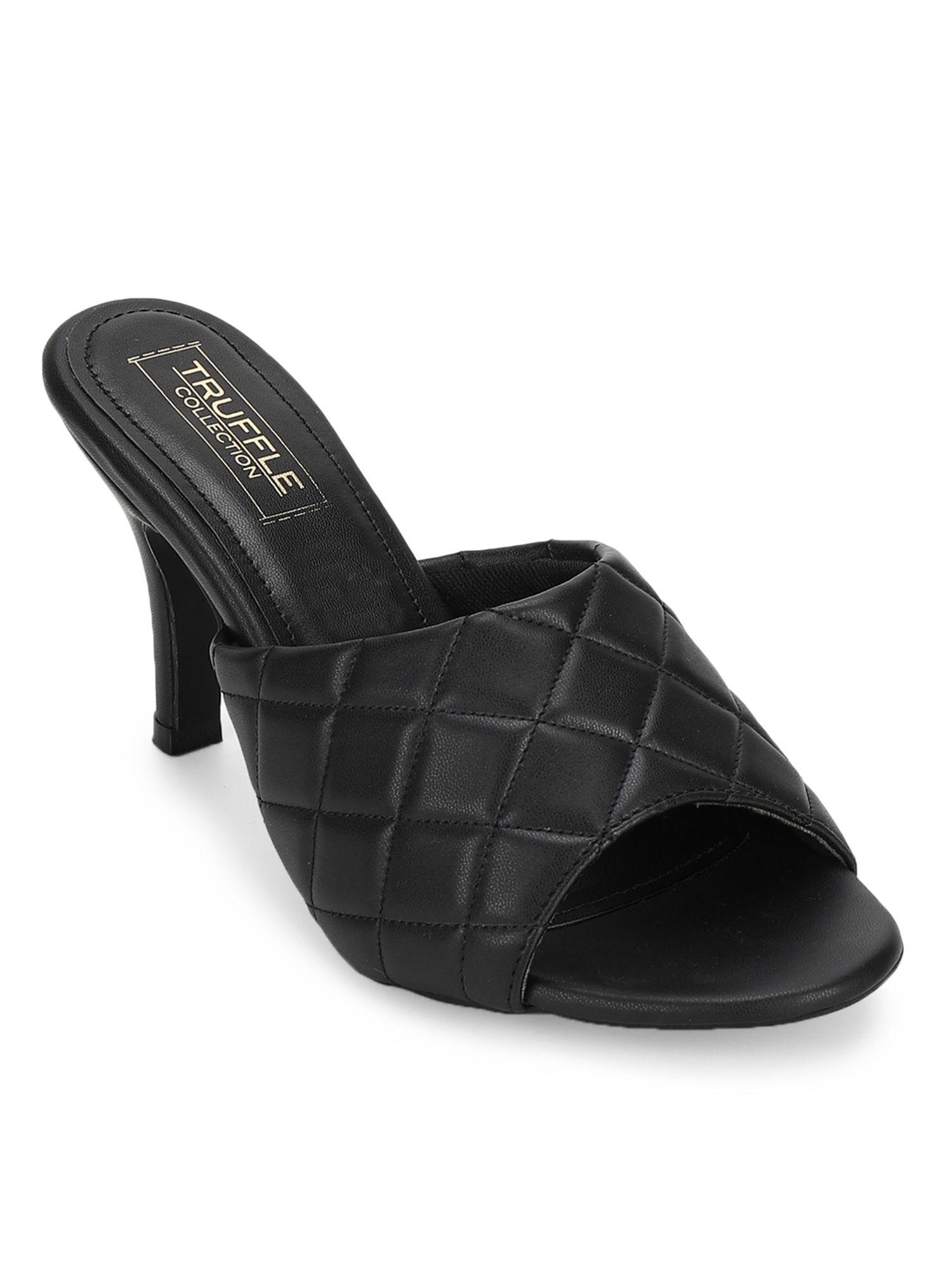 black pu quilted high heel sandals