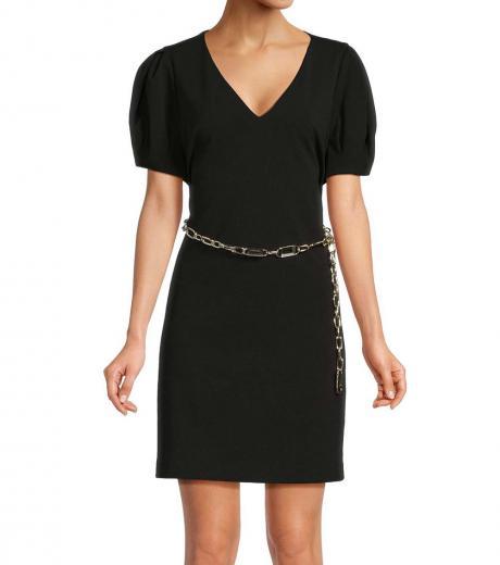 black puff sleeve chain belted sheath dress