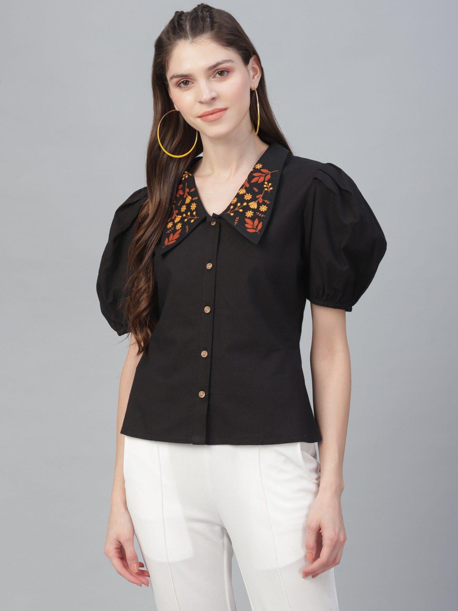 black puff sleeves embroidered shirt