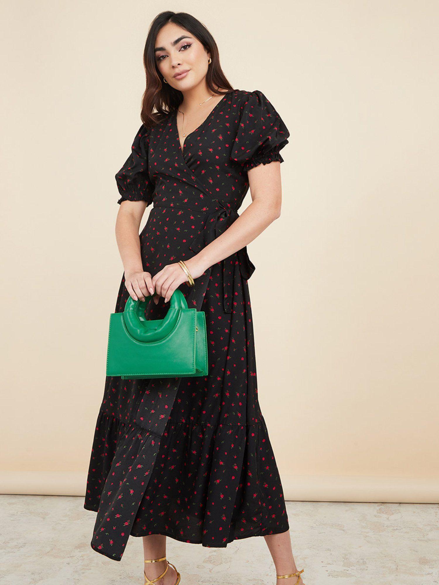 black puff sleeves floral print wrap midi dress