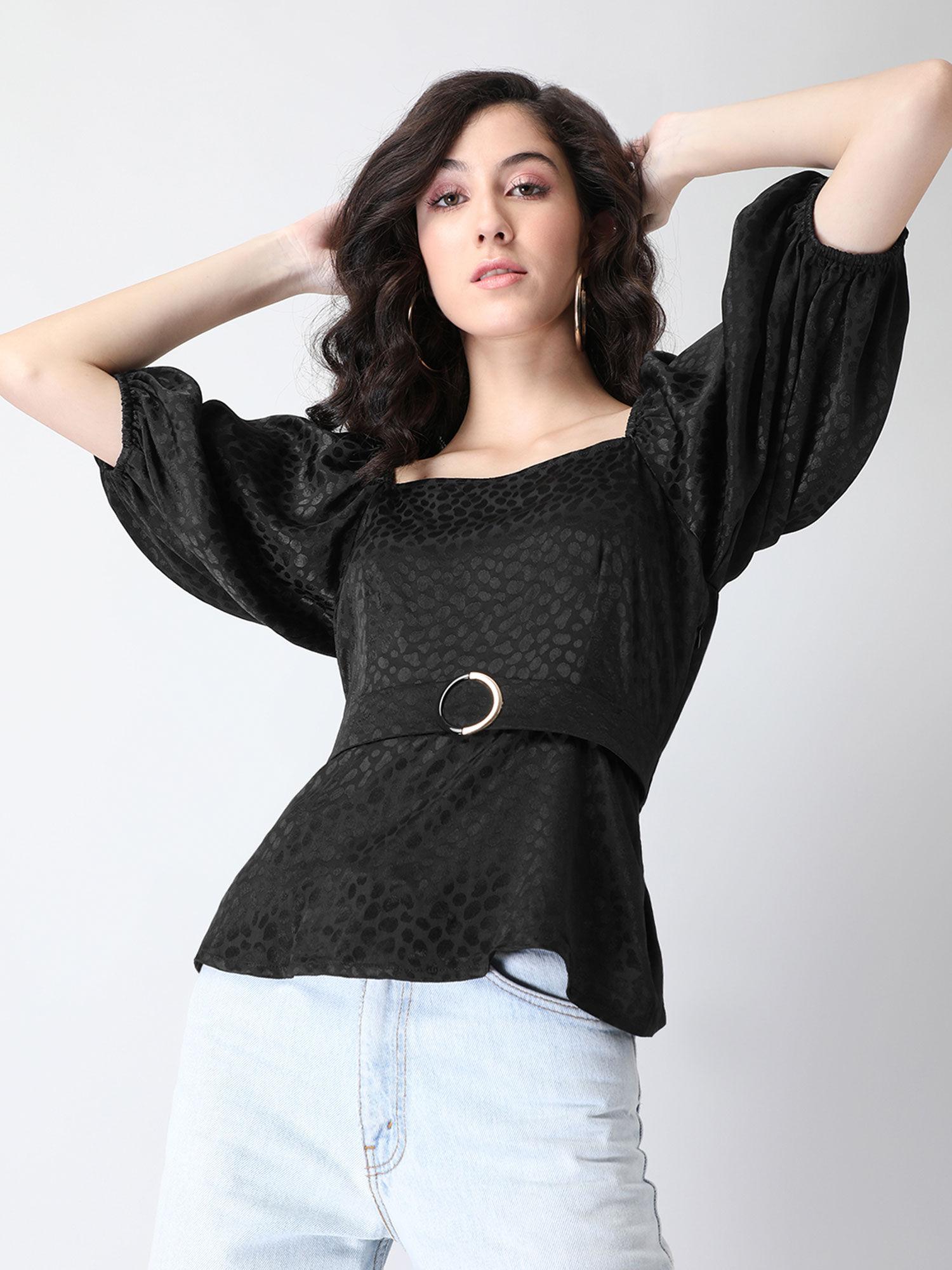 black puffed sleeve belted textured satin blouse