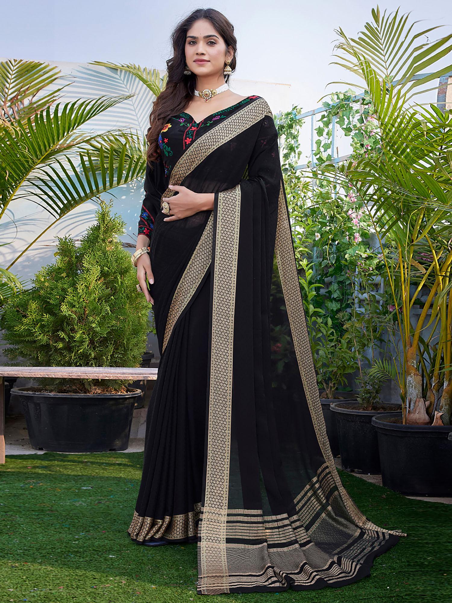 black pure chiffon woven weaved bordered saree with unstitched blouse