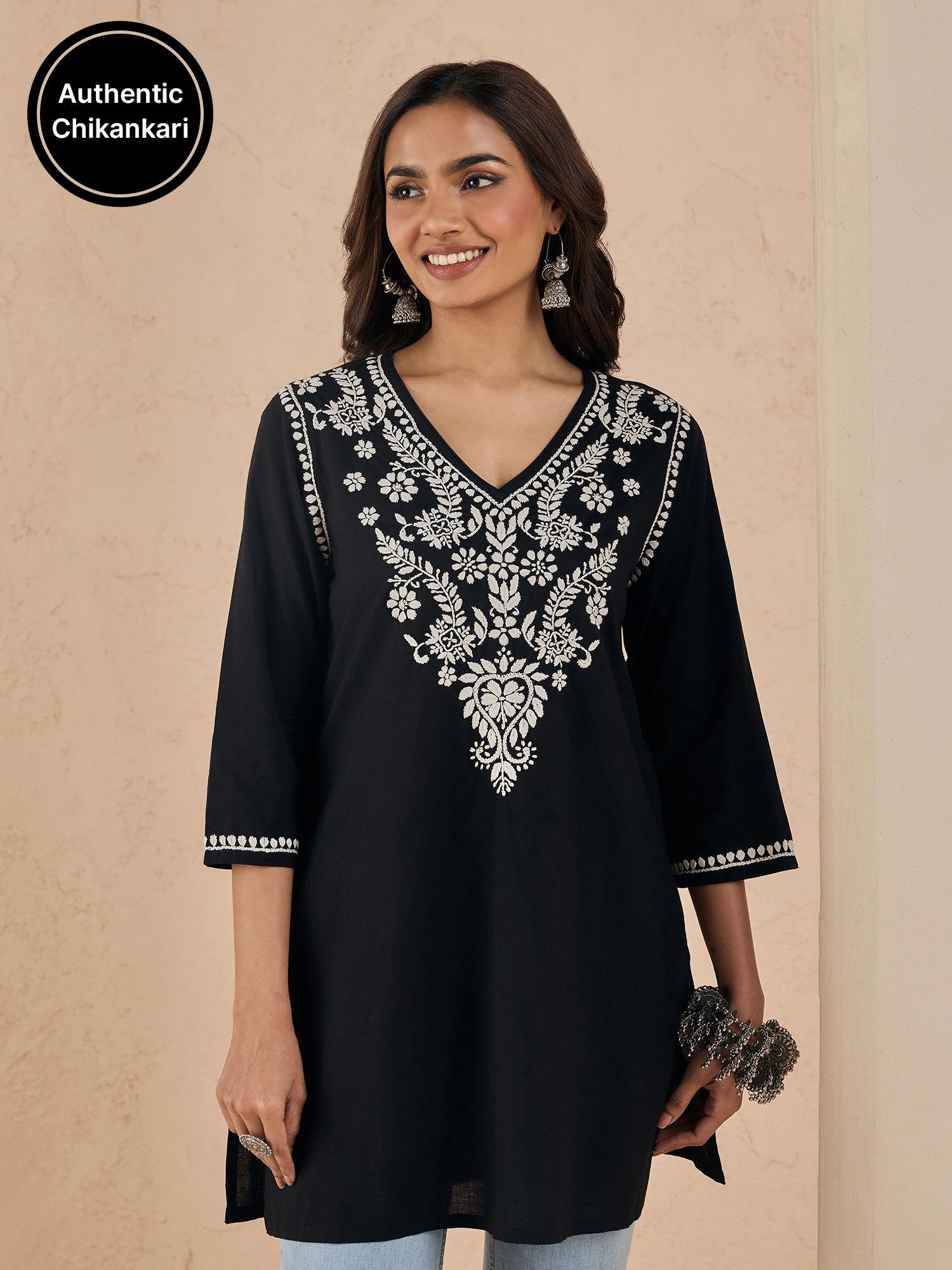 black pure cotton authentic chikankari embroidered straight short kurti likcktu01