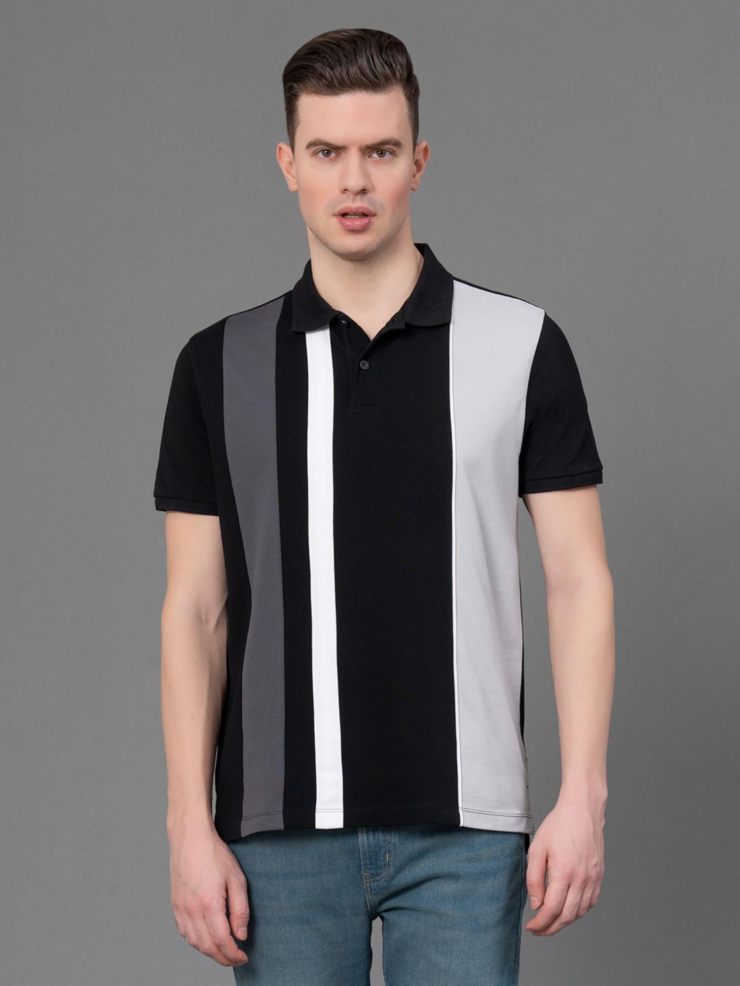 black pure cotton color block mens polo t-shirt