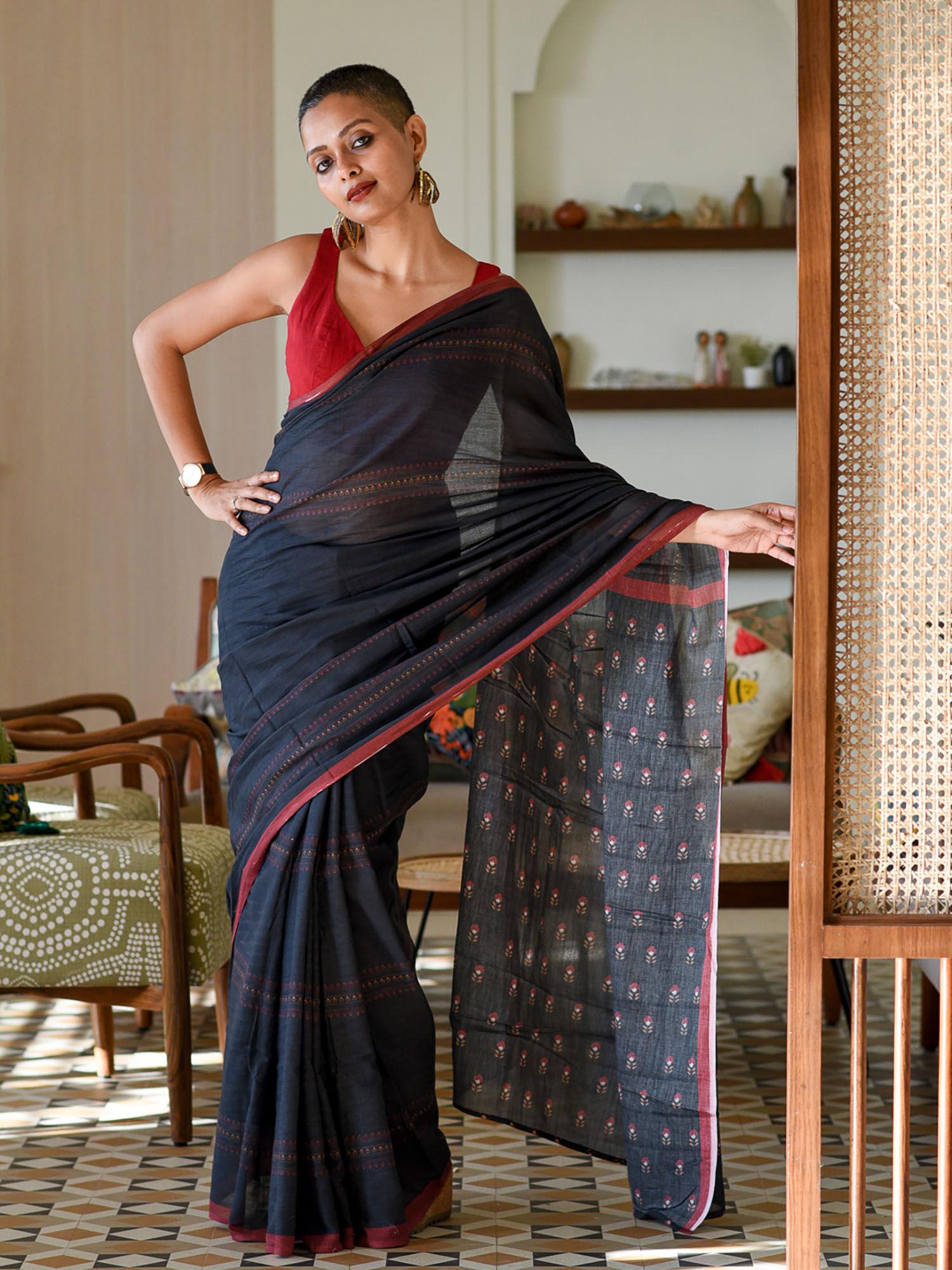 black pure cotton floral printed saree