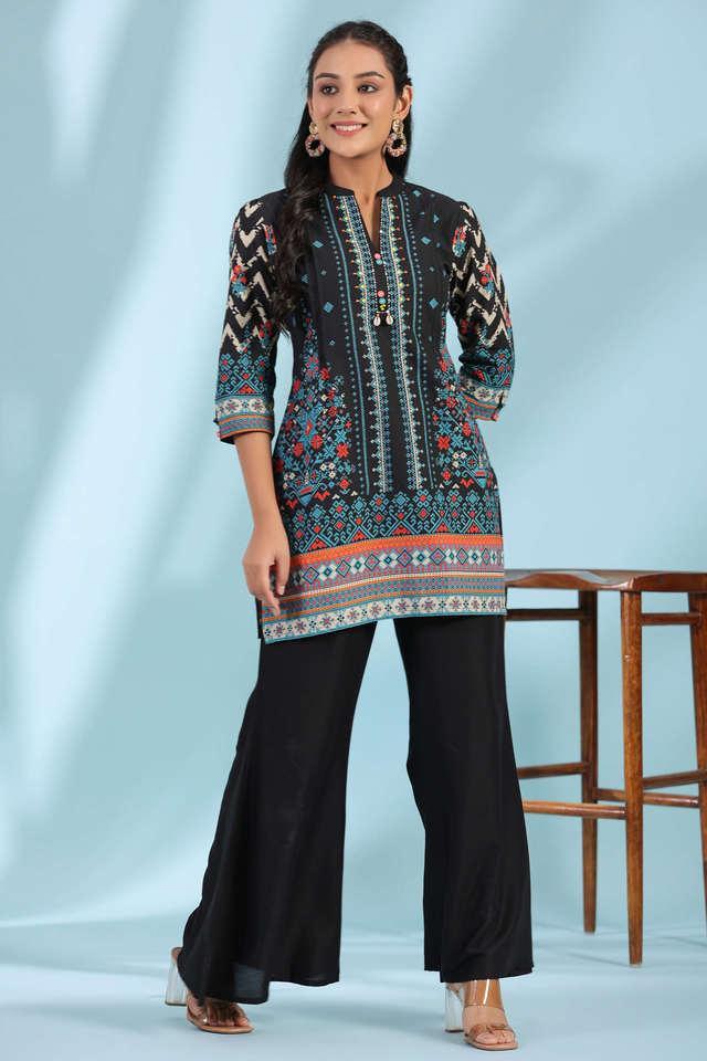 black pure cotton geometric printed _ pleated kurta with beads _ sequins